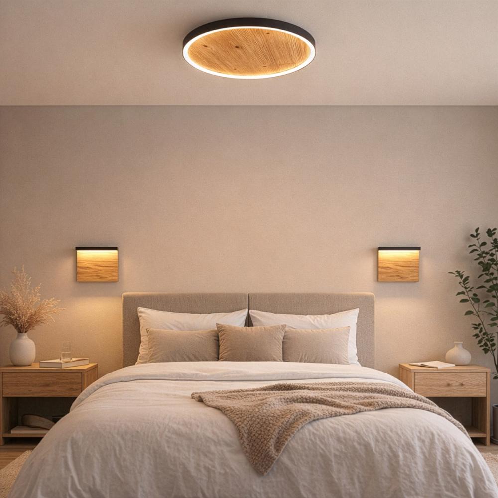 platte design LED plafonniere boven het bed in een slaapkamer platte design LED plafonniere boven het bed in een slaapkamer
