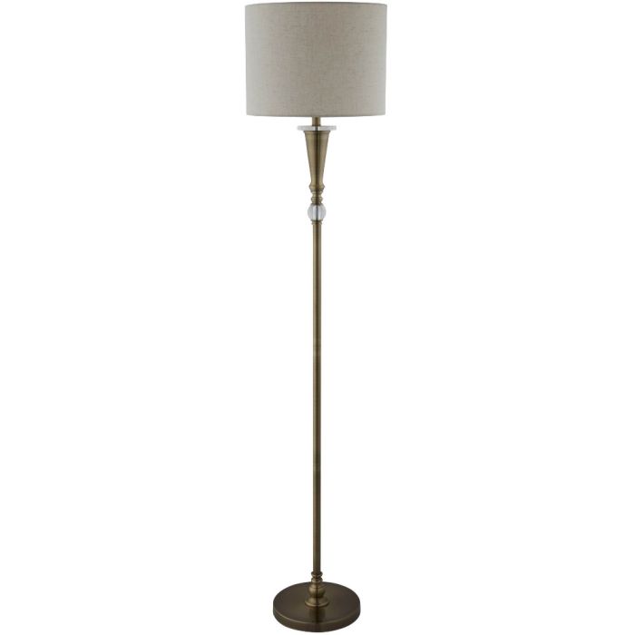Searchlight Oscar EU1012AB antiek bronzen vloerlamp met glazen elementen en kap van havermoutkleurig textiel