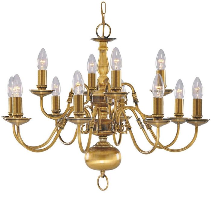 Searchlight Flemish 1019-12AB antiek messing kroonluchter met twaalf armen met elk een helder glazen e14 kaarslampje