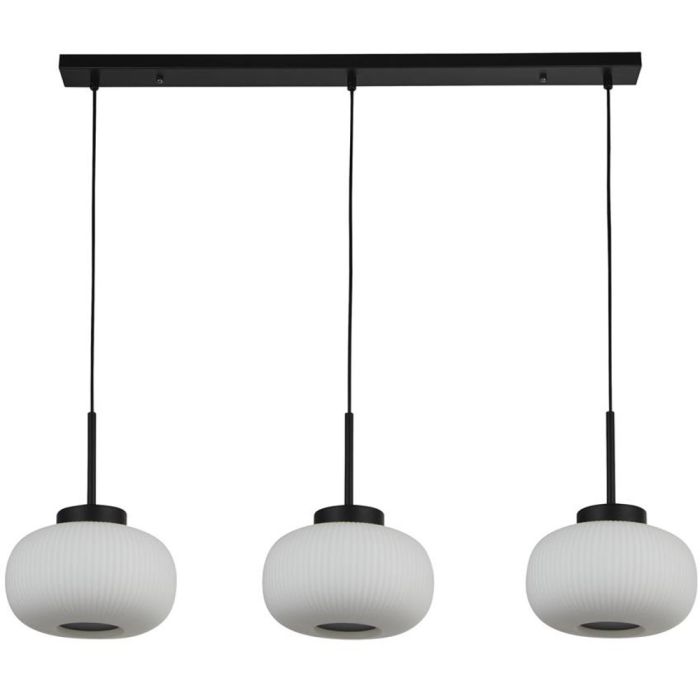 Searchlight Lumina 10271-3BK zwarte hanglamp met drie pendels met elk een kap van opaal geribbeld glas