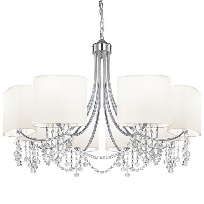 Searchlight Nina 1058-8cc chromen kroonluchter met acht ovale kapjes van wit textiel en kettingen met kristallen onder de kapjes