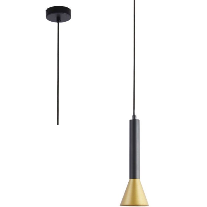 Searchlight Signal 13611-1BGO hanglamp met zwart plafondplaatje en een zwart buisvormige kap met een goudkleurig kegelvormig uiteinde