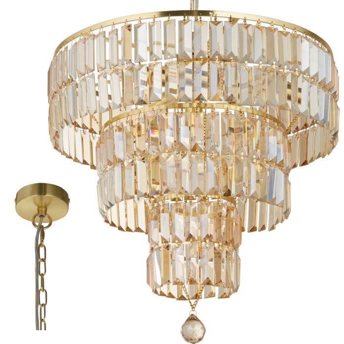 Searchlight Empire 1375-5SB messing hanglamp met drie kleiner wordende ringen van champagne kleurige kristallen staafjes en een kristallen druppel onderaan