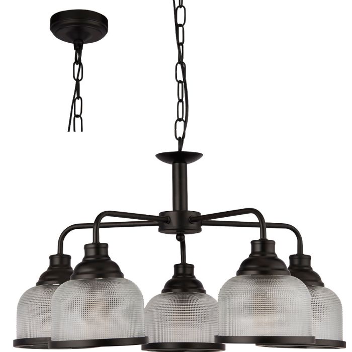 Searchlight Highworth 1685-5BK zwarte kroonluchter aan een ketting met vijf armen met elke een kapje van holofaan glas