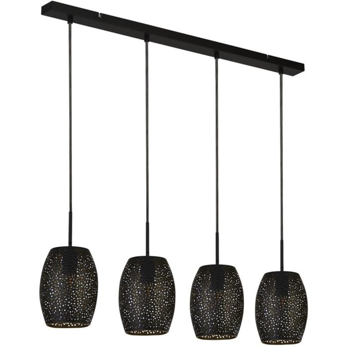 Searchlight Macbeth 19231-4BGO hanglamp met zwarte plafondbalk met vier pendels met elk een zwart met laser uitgesneden metalen kap