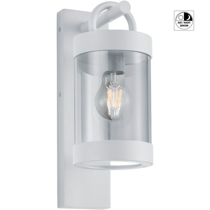 Trio Sambesi 204160131 witte wandlamp voor buiten met een rechthoekige wandplaat en hangende cilindervormige kap met dag nacht sensor