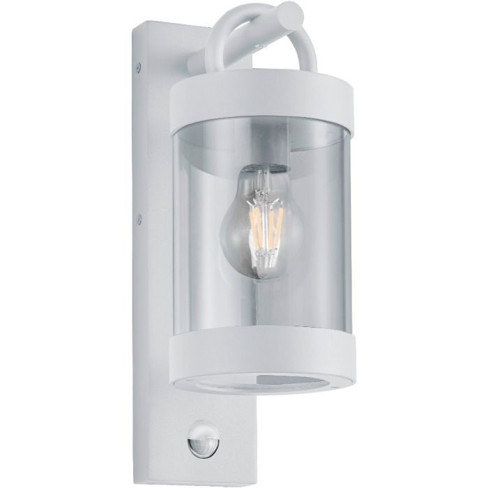 Trio Sambesi 204169131 witte wandlamp voor buiten met een rechthoekige wandplaat en hangende cilindervormige kap met bewegingsmelder