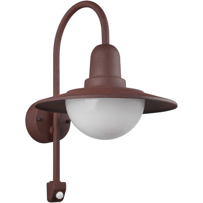 Trio Norman 207269124 roestbruine wandlamp voor buiten met hangende kap en wit halfronde glazen bol en bewegingsmelder