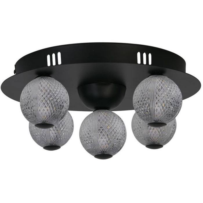 Searchlight Asteroid 20923BK plafonniere met zwart ronde plafondplaat en vijf ballen van acryl