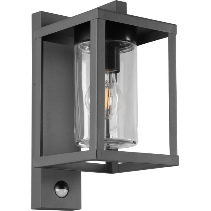 Trio Lunga 212069142 antracietgrijze buitenlamp met vierknte hangende lantaarn en helder cilindervormig glas met bewegingsmelder
