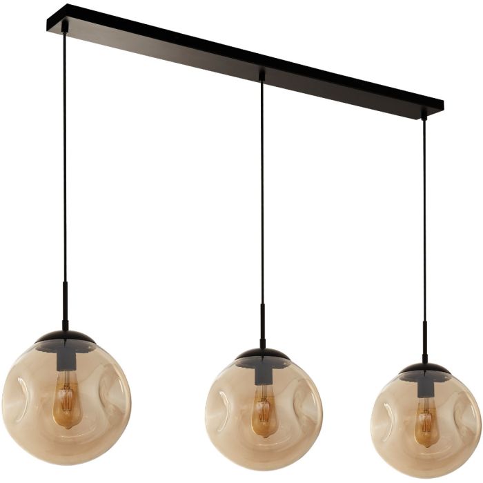 Searchlight Punch 22123-3BK hanglamp met zwarte plafondbalk en drie pendels met kappen van bolvormig gedeukt champagne kleurig glas