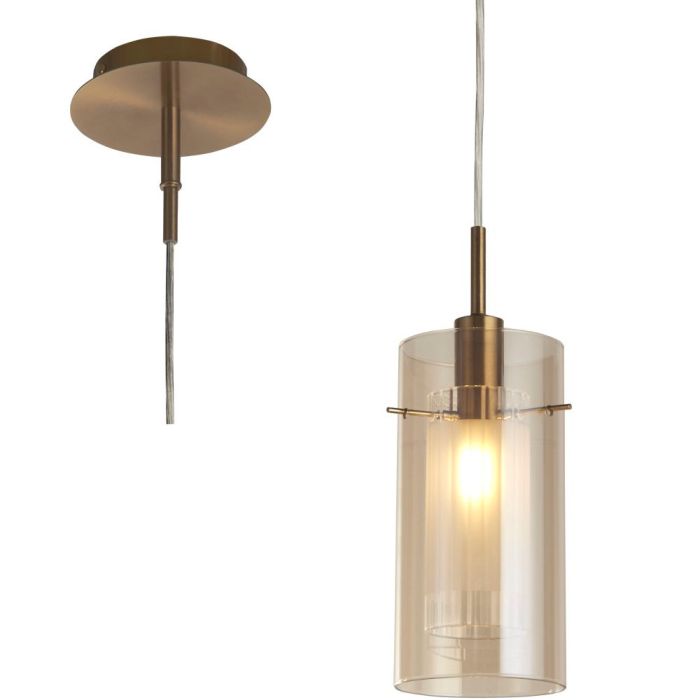 Searchlight Duo 2301CP brandende hanglamp met messing plafondplaat en pendel met dubbele kap van champagne en mat glas