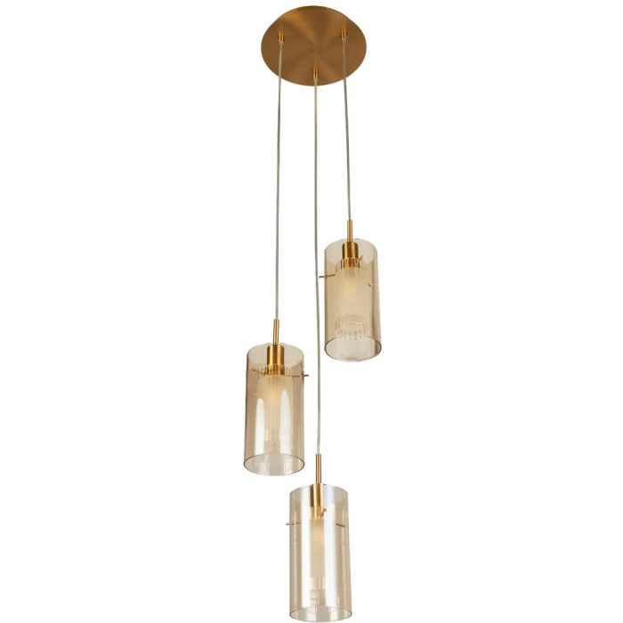 Searchlight Duo 2303-3CP hanglamp met ronde messing plafondplaat en drie pendels met dubbele kap van champagne en mat glas