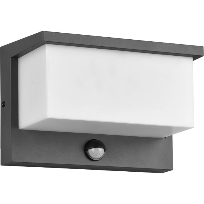 Trio Nestos 240969142 antraciet grijze wandlamp voor buiten met witte rechthoekige lichtunit en bewegingsmelder