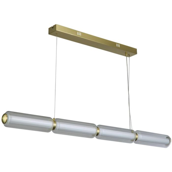 Searchlight Mod 26254SB messing kleurige hanglamp met LED buis en in vier delen verdeelde buisvormige helder glazen kap