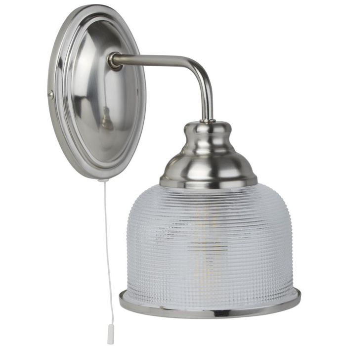 Searchlight Bistro 2671-1SS staal kleurige wandlamp met trekschakelaar en kapje van holofaan glas