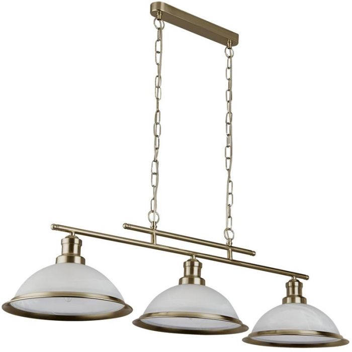 Searchlight Bistro 2683-3AB antiek bronzen hanglamp met drie albast glazen kappen aan een dubbele stang