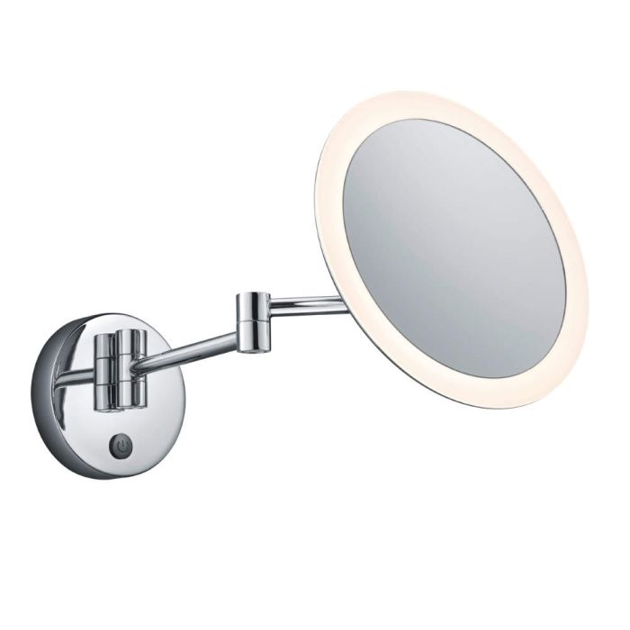 Trio View 282990106 chromen spiegel aan een scharnierende arm met LED rand rond de spiegel en schakelaar op de wandplaat