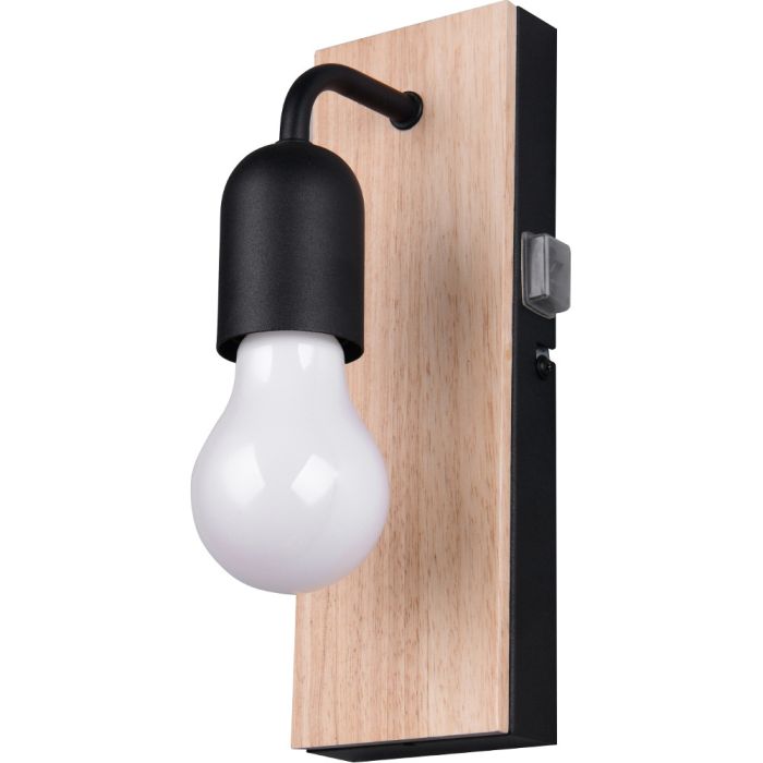 Trio Arturo 284470132 zwarte wandlamp voor de badkamer met houten wandplaatje en een vrij hangend peertje