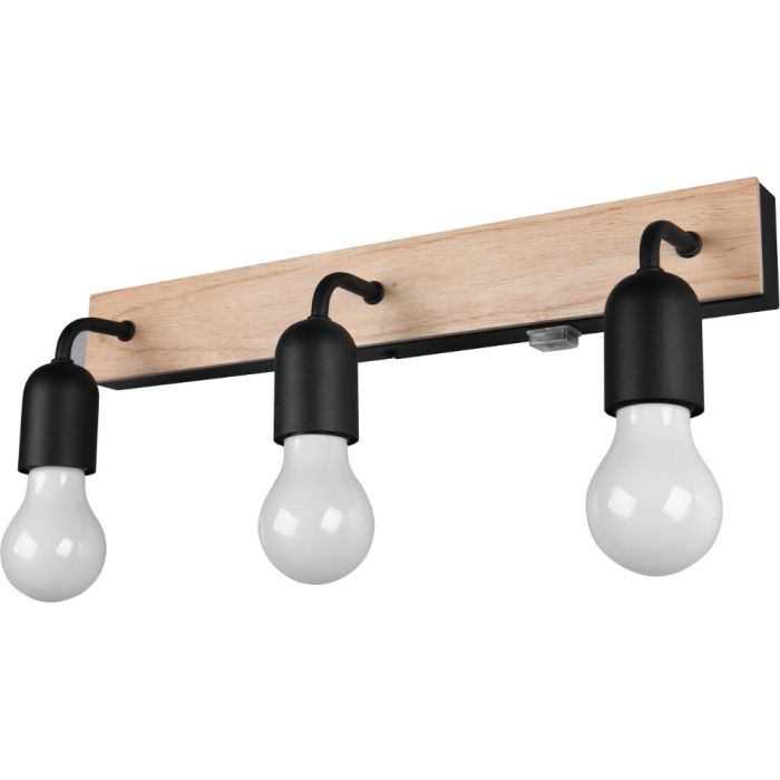 Trio Arturo 284470332 zwarte wandlamp voor de badkamer met houten wandplaatje en drie vrij hangend peertjes
