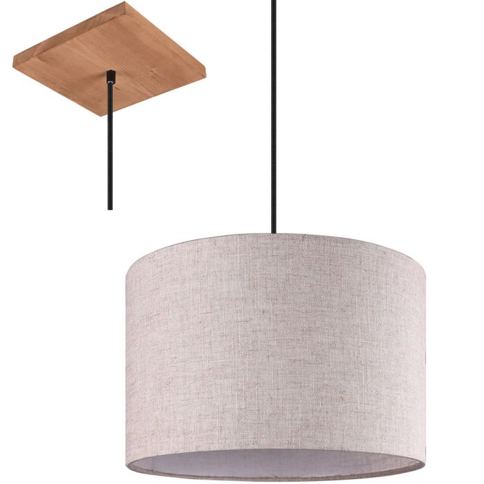 Trio Elmau 302100130 hanglamp met vierkante houten plafondplaat en ronde kap van wit textiel