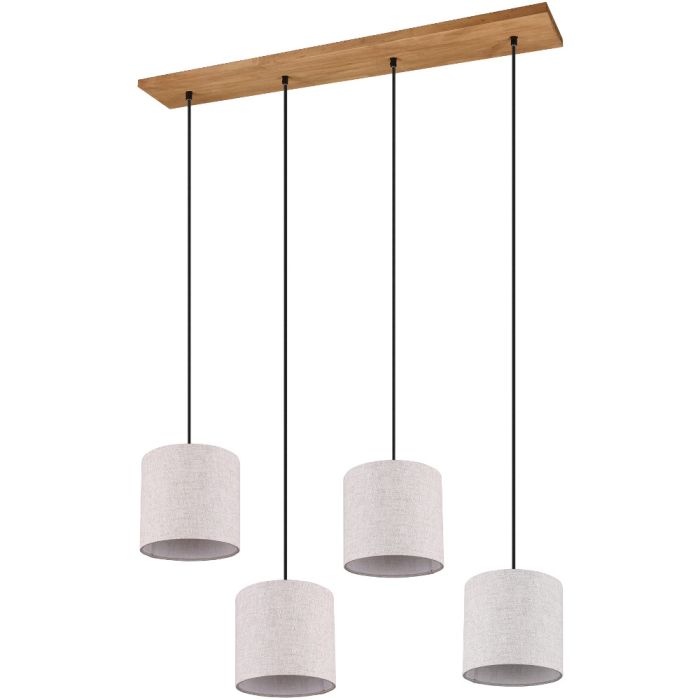 Trio Elmau 302100430 hanglamp met houten plafondbalk en vier ronde kapjes van wit textiel