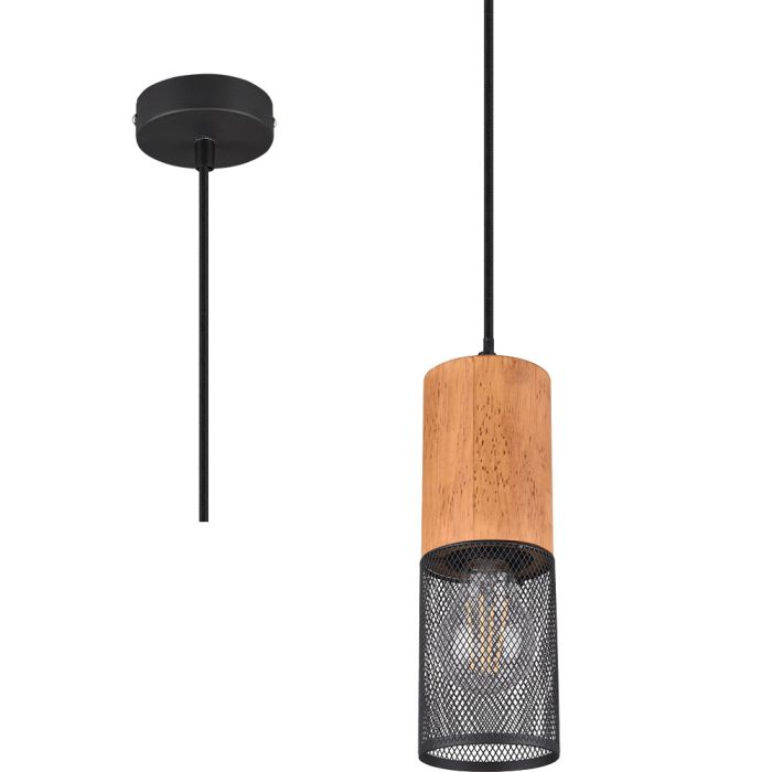 Trio Tosh 304300132 zwarte cilindervormige hanglamp met hout aan de bovenzijde en zwart gaas aan de onderzijde