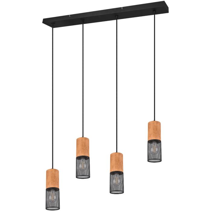 Trio Tosh 304300432 hanglamp met zwarte plafondbalk en vier cilindervormige kapjes met hout van boven en zwart gaas van onder