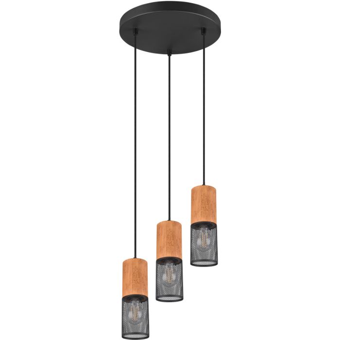 Trio Tosh 304330332 hanglamp met zwarte ronde plafondplaat en drie cilindervormige kapjes met hout van boven en zwart gaas van onder
