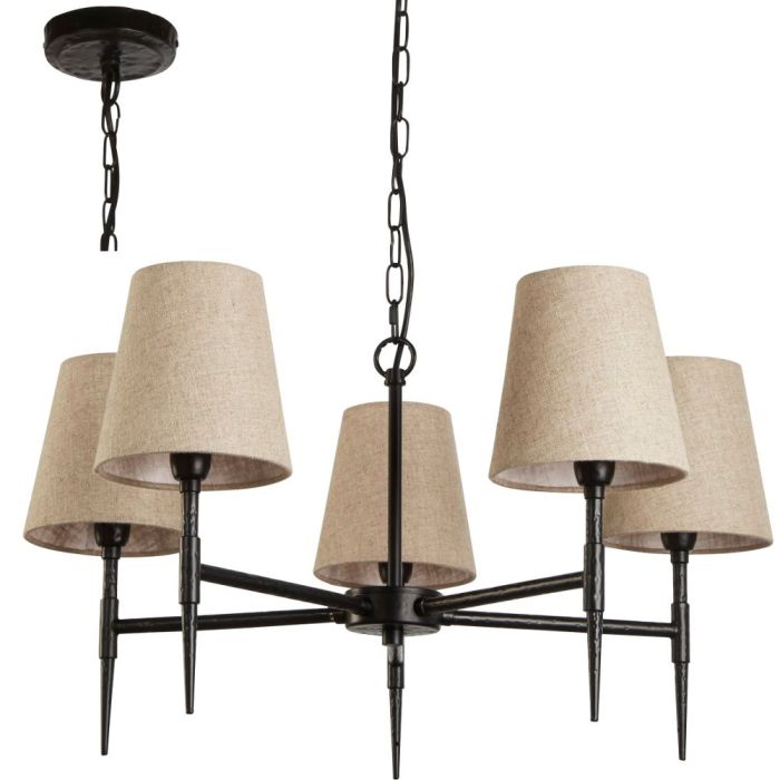 Searchlight Gothic 30690-5BK gotische kroonluchter met vijf armen van gebutst metaal met kapjes van linnen