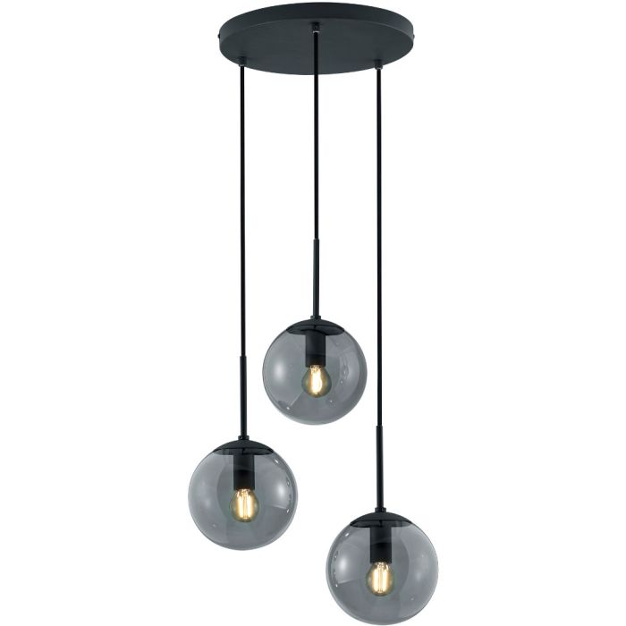 Trio Salini 308590342 hanglamp met ronde zwart plafondplaat en met drie pendels met elk een bolvormige rookglazen kap