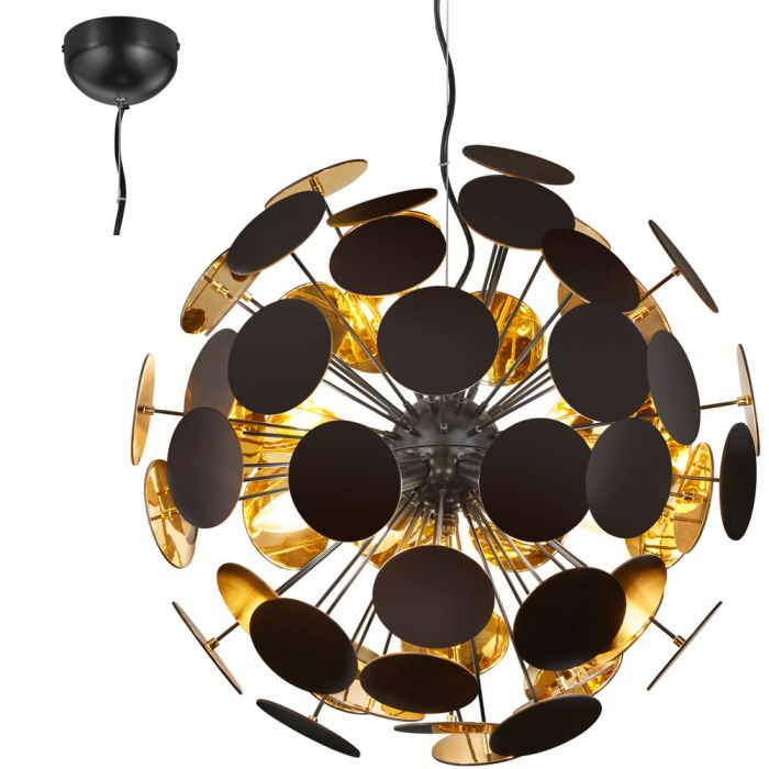 Trio Discalgo 309900632 hanglamp met ronde schijfjes met mat zwarte buitenkant en goudkleurige binnenkant