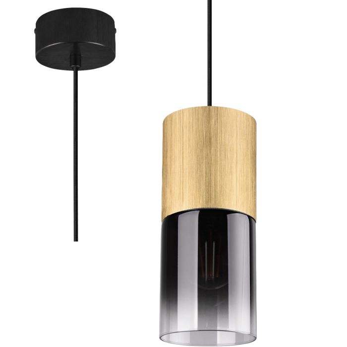Trio Robin 310600154 hanglamp met cilindervormige kap waarvan de onderzijde van rookglas en de bovenzijde mat messing kleurig