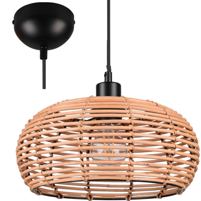 Trio Inga 312200136 hanglamp met zwarte pendel en rotan gevlochten kap met een diameter van 29cm