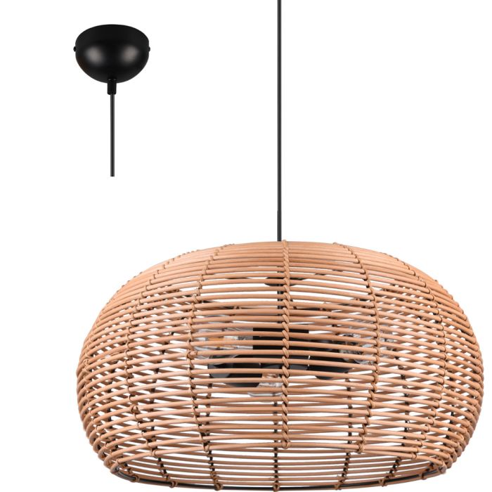 Trio Inga 312200336 hanglamp met zwarte pendel, drie fittingen en rotan gevlochten kap met een diameter van 50cm