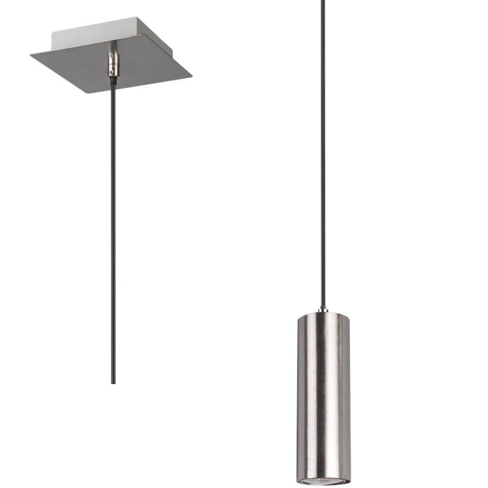 Trio Marley 312400107 staal kleurige hanglamp met vierkant plafondplaatje en cilindervormige kap voor een GU10 fitting
