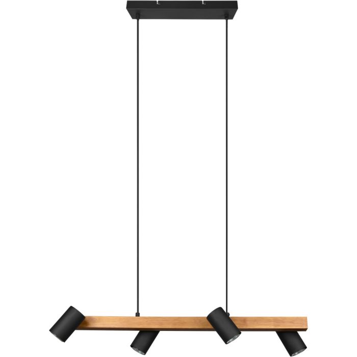 Trio Maerley 312490432 hanglamp met zwarte plafondbalk en houten balk met vier zwarte cilindervormige spots met GU10 lampje