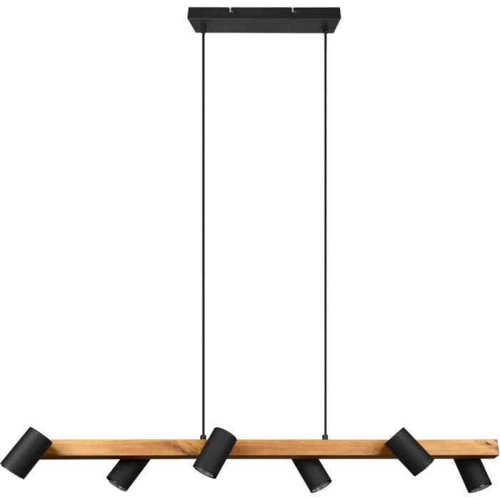 Trio Maerley 312490632 hanglamp met zwarte plafondbalk en houten balk met zes zwarte cilindervormige spots met GU10 lampje