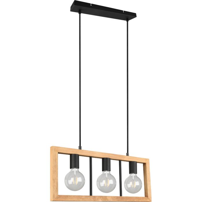 Trio Agra 313800332 hanglamp met zwart plafondbalk en rechthoekig houten frame met drie zwarte fittinghouders
