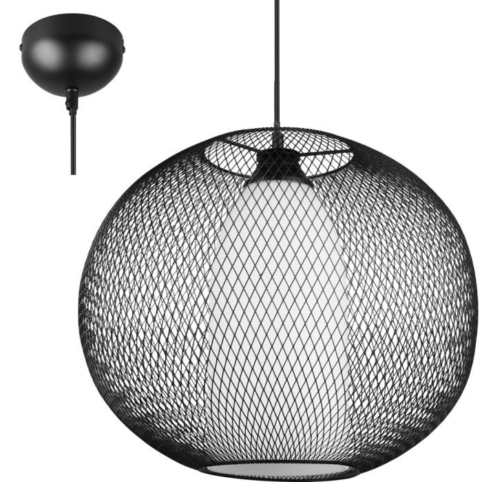 Trio Filo 313900132 zwarte hanglamp met bolvormige kap van gaas en flesvormige binnenkap van wit glas