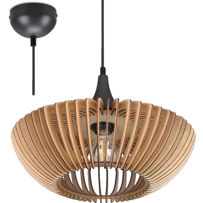 Trio Colino 315900142 hanglamp met zwarte pendel en kap van natuurhouten lamellen