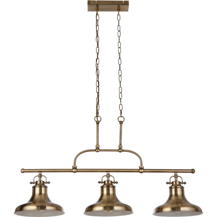 Searchlight Dallas 3193-3AB antiek brons kleurige hanglamp met drie bel vormige metalen kappen aan een stang