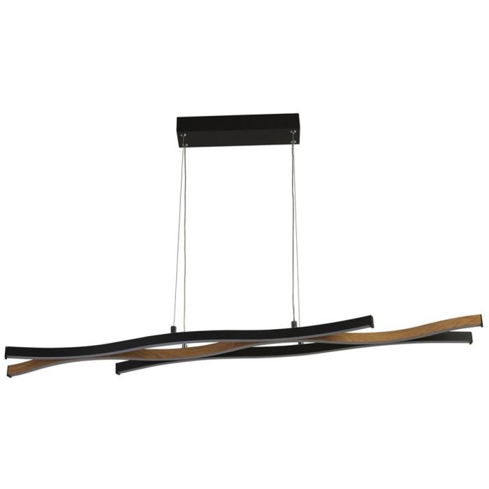 Searchlight Bloom 32104-1BK hanglamp met zwarte plafondbalk en drie golvende LED balken in zwart en houtkleur