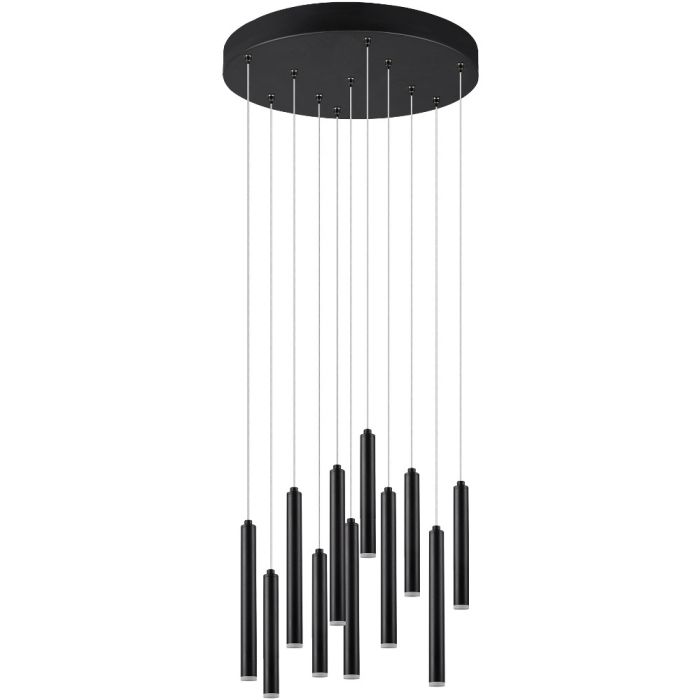 Trio Tubular 321691131 hanglamp met ronde zwarte plafondplaat en 11 pendels met dunne buisvormige pijpjes met een LED aan het uiteinde