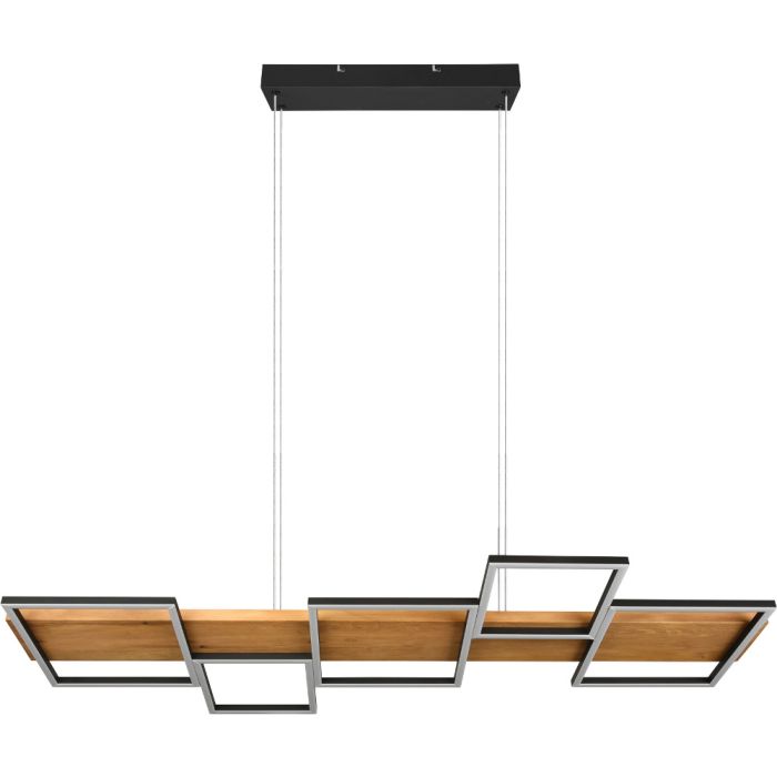 Trio Harper 322910532 hanglamp met zwarte plafondbalk en houten plank met zwarte vierkanten ramen eronder met geïntegreerde LED strips
