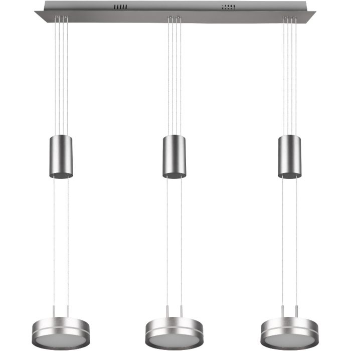 Trio Franklin 326510307 staal kleurige hanglamp met drie trekpendels  en drie schijfvormige kappen met LED paneel