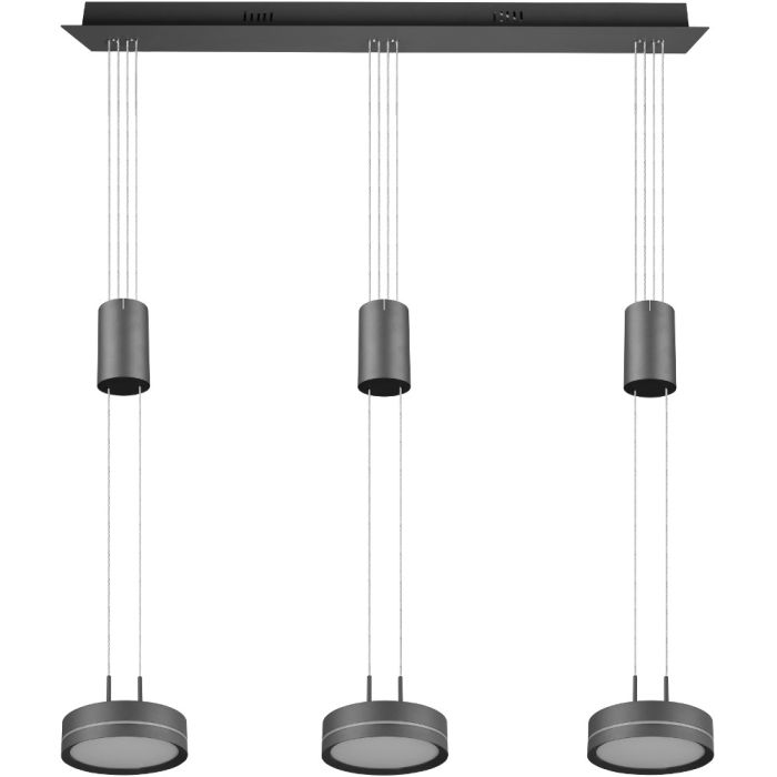 Trio Franklin 326510342 antraciet grijze hanglamp met drie trekpendels  en drie schijfvormige kappen met LED paneel