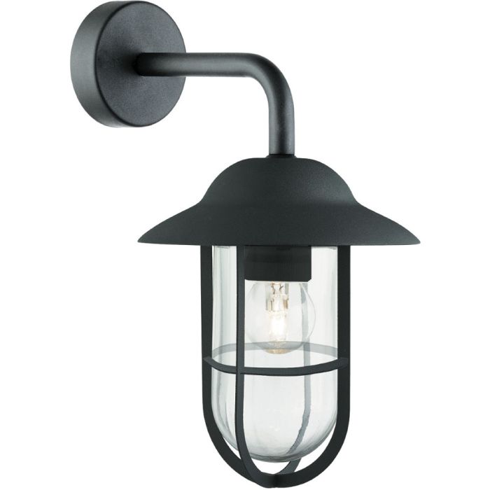 Searchlight Toronto 3291BK mat zwarte buitenlamp met hangende lantaarn van glas en een metalen kooi