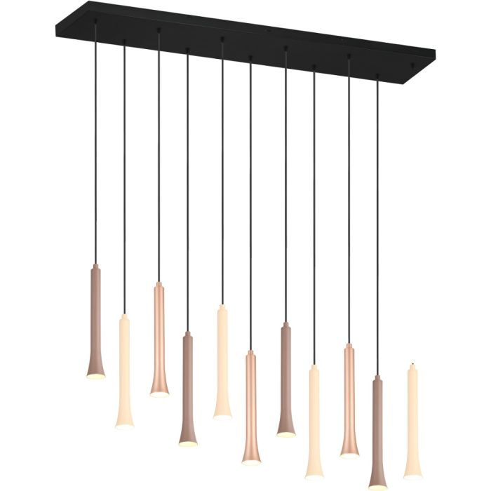 Trio Fiato 352011117 hanglamp met brede zwarte plafondplaat en 11 pendels met buisvormige kappen in beige, koffiebruin en taupe