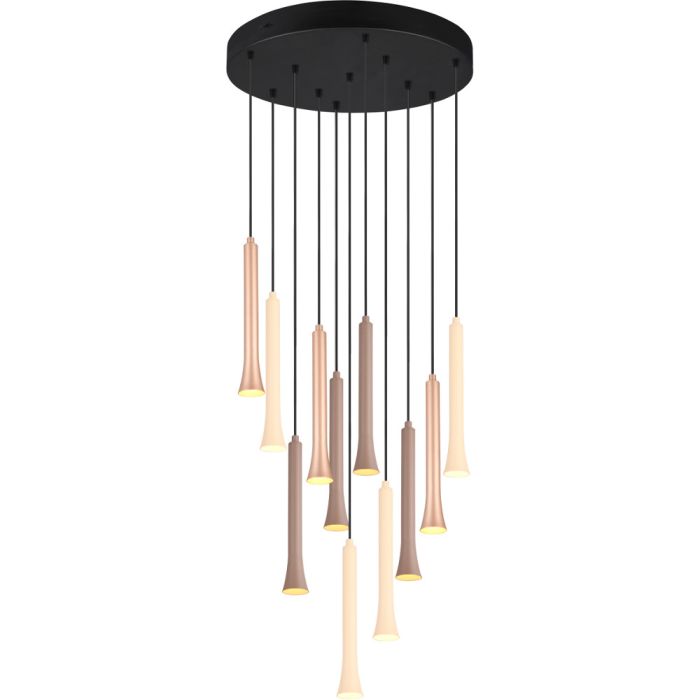 Trio Fiato 352091117 hanglamp met ronde zwarte plafondplaat en 11 pendels met buisvormige kappen in beige, koffiebruin en taupe